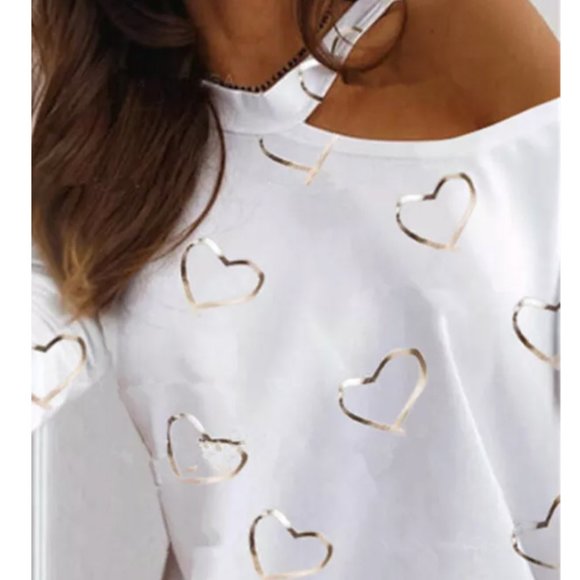 White Cold Shoulder Valentine Heart Shirt - Picture 2 of 6